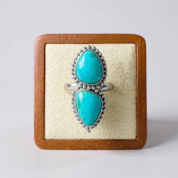 Southwestern Kingman Double Turquoise Statement Boho Ring Sterling Silver Size 6 - Picture 8 of 8